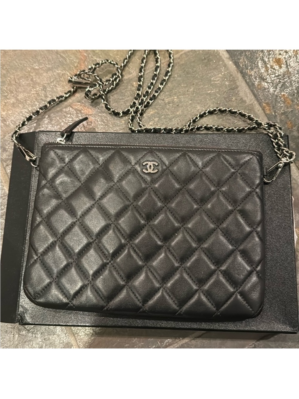 CHANEL Quilted Chain Pouch - Black Exterior, Red Interior